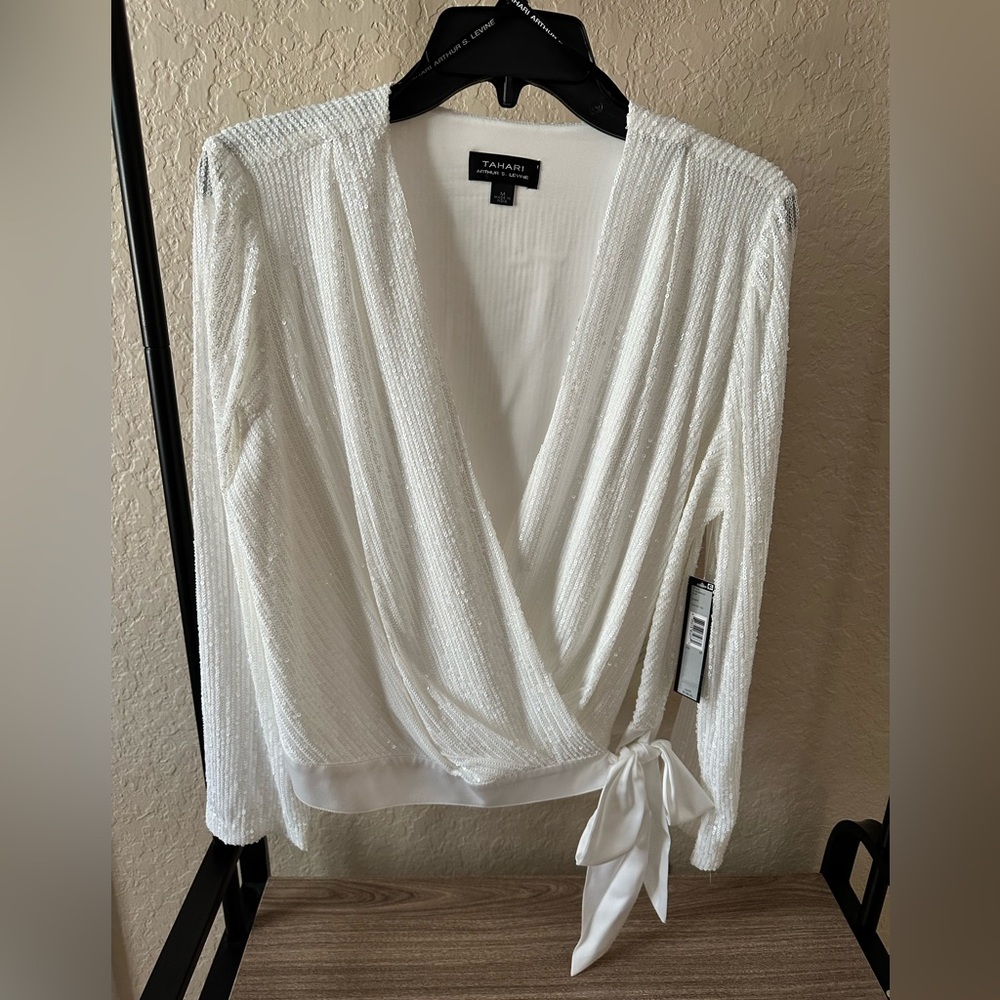 Tahari White Sequin Wrap Blouse with Tie